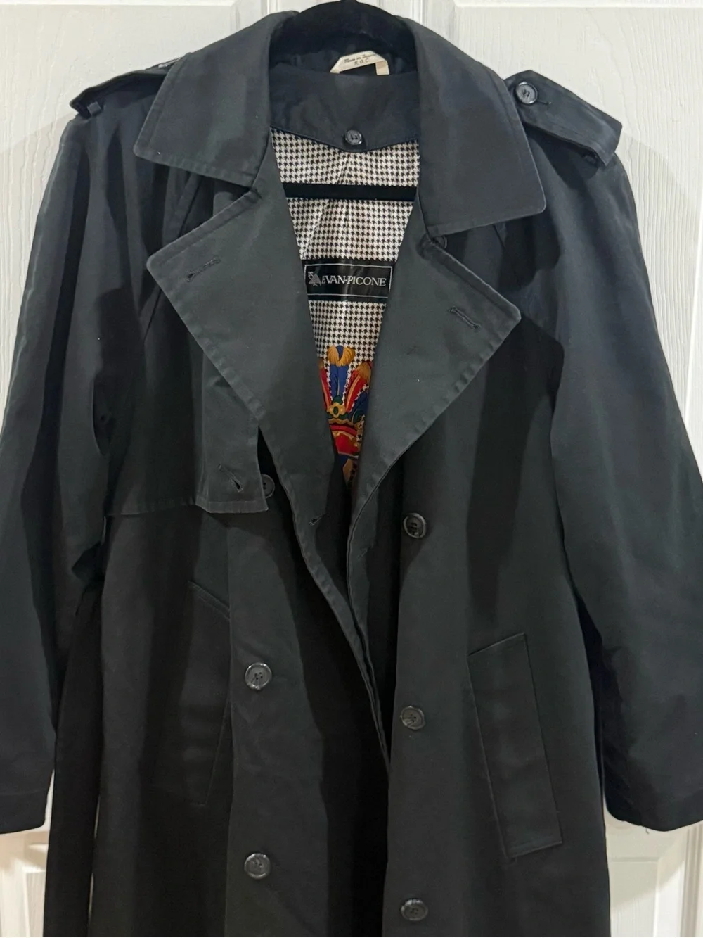 Vintage Evan-Picone Black Trench Coat Houndstooth Crest Lining Long Rain Coat - Picture 7 of 10